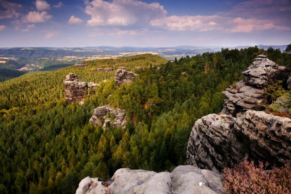 Felsformationen und Wälder im Elbsandsteingebirge, Sächsische Schweiz.