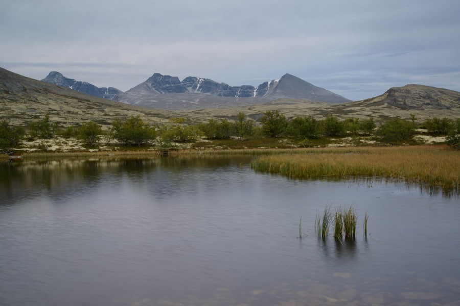 Stillen Wasser vor norwegischen Bergen mit Grasvegetation.