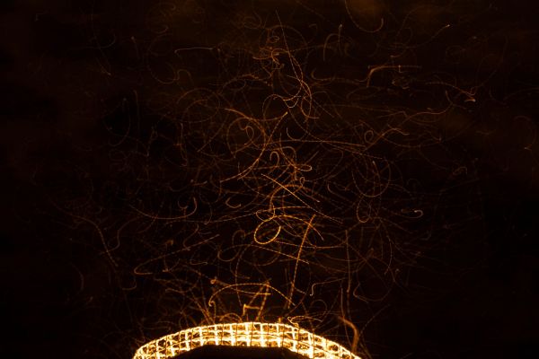 Viele Insekten schwirren bei Nacht um eine beleuchtete Lichtquelle.