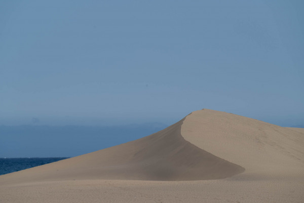 Sanddüne an der Küste von Maspalomas, Gran Canaria, vor blauem Himmel.