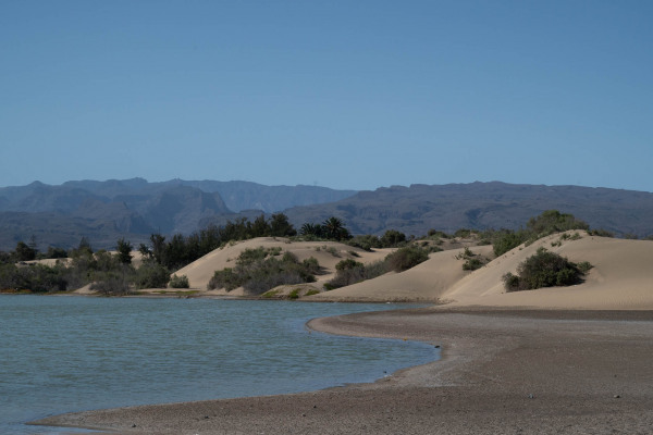 Sanddünen und Lagune in Maspalomas, Gran Canaria, vor Bergen.