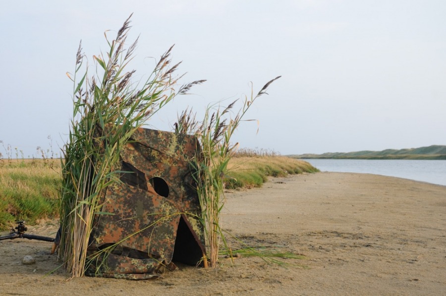 Selbstgebautes Tarnzelt für die Naturfotografie am Strand.